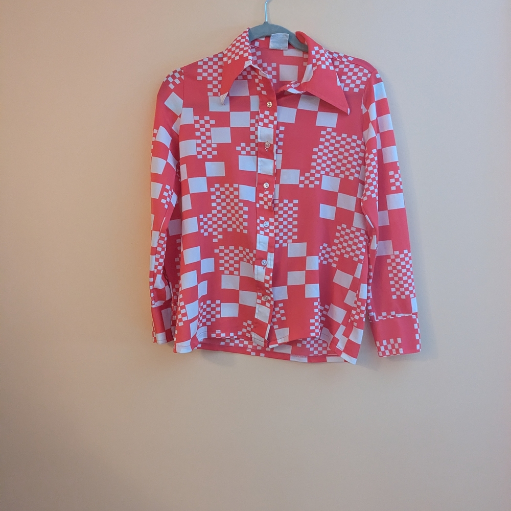 Vintage Geometric Pink and White Blouse